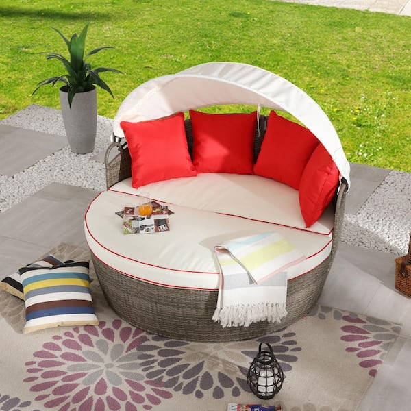 Patio Festival 3 Piece Wicker Outdoor Day Bed With Off White Cushions Pf18200 The Home Depot - Outdoor Wicker Patio Daybed With Ottoman Cushions