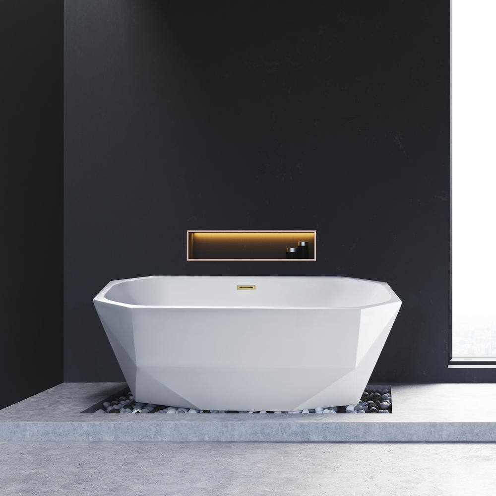 63" Glossy White Acrylic Freestanding Soaking Bathtub with Polished Brass Drain