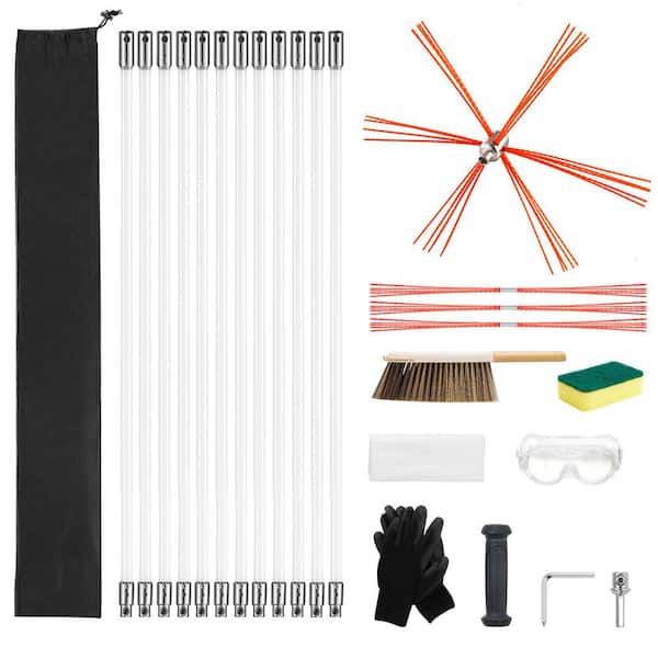 Chimney Sweep Kit, 14-Piece 90° Cleaning Tool, 39 ft. Maximum Length, Cleaning Kit with Bristle Replacements & Goggles