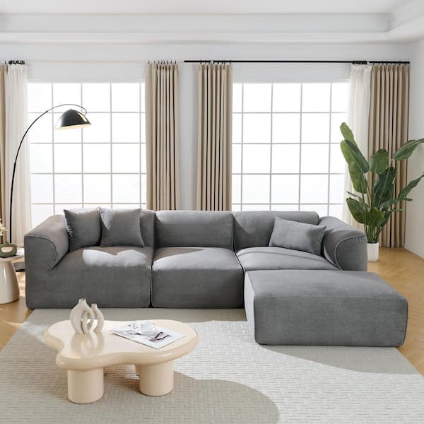 Modern 112.1 in. Round Arm 4-piece Velvet L-Shaped Sectional Sofa in. Gray with Ottoman and 3 Pillows