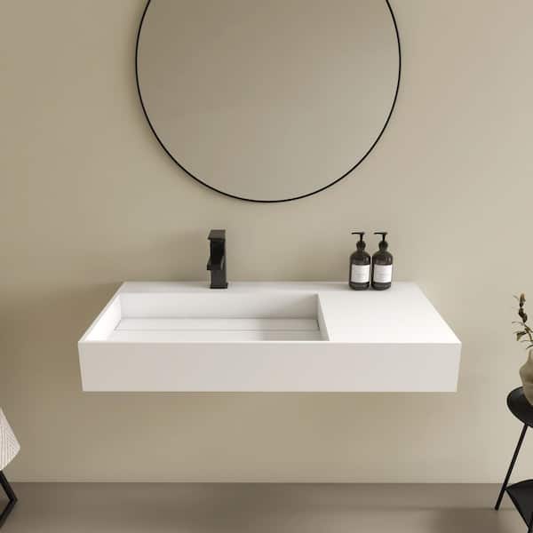 36 x 18 in. Solid Surface Wall Mount Bathroom Left Vessel Sink with Faucet Hole and Drain Cover