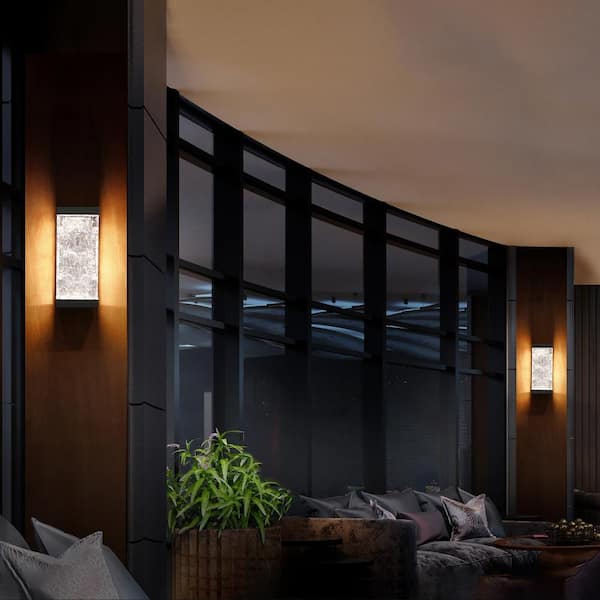 Fusion 14 in. Black Integrated LED Indoor and Outdoor Hardwired Lantern Wall Sconce 3000K LED