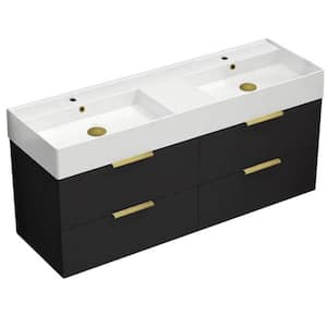 Derin 55.51 in. W x 18.11 in. D x 25.2 H Double Sinks Wall Mounted Bathroom Vanity in Matte Black with White Ceramic Top