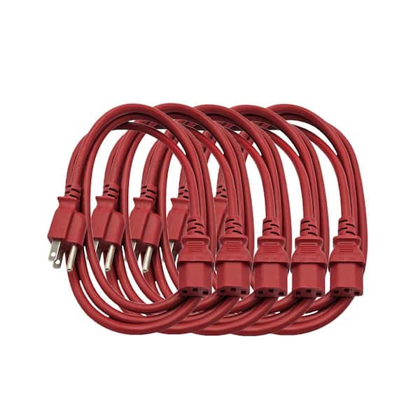 6 ft. Universal AC Power Cord UL Approved NEMA 5-15P to C13 18 AWG / 3-Conductors Indoor Red (5-Pack)