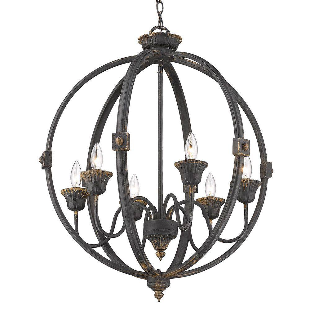 Antique Black Iron Sphere Chandelier with Rusty Gold Patina