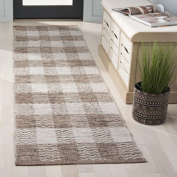 Kilim 2 ft. x 7 ft. Light Gray/Brown Plaid Runner Rug