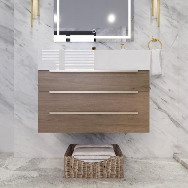 Bethany 30 in. W x 20 in. D x 22 in. H Single Sink Floating Bath Vanity in Light Oak with White Acrylic Top