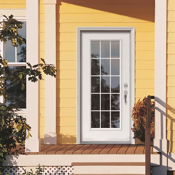 32 in. x 80 in. Left-Hand Inswing 15-Lite Clear Classic External Grilles Primed Fiberglass Smooth Prehung Front Door
