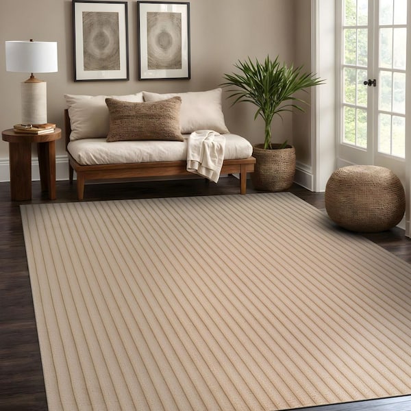 UltraPlush Touch 5 ft. x 7 ft. Beige Non-Slip Rubber Back Washable Polyester Stripes Indoor Area Rug