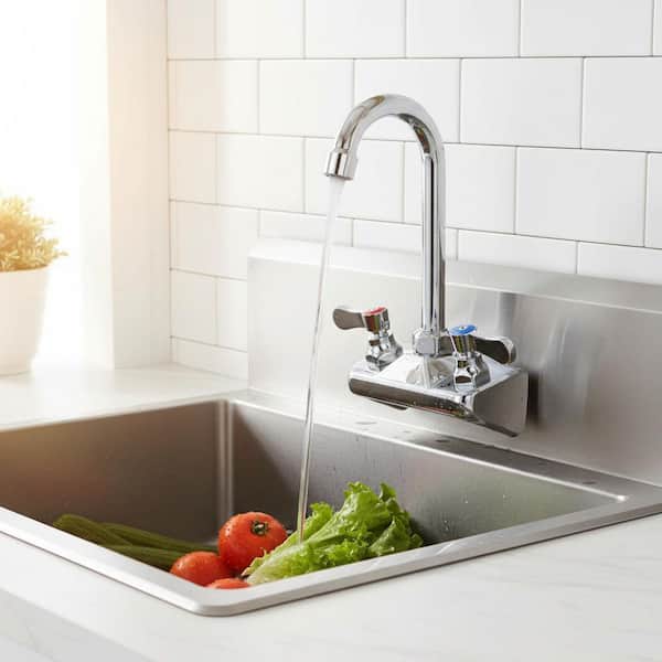 4 in. Center 2 Hole Wall Mounted High Arc Double Handle Brass Kitchen Bar Faucet in Polished Chrome