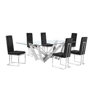 Meryl 7-Piece Rectangular Glass Top Stainless Steel Dining Set 6 Black Velvet Fabric Chrome Iron Leg Chairs
