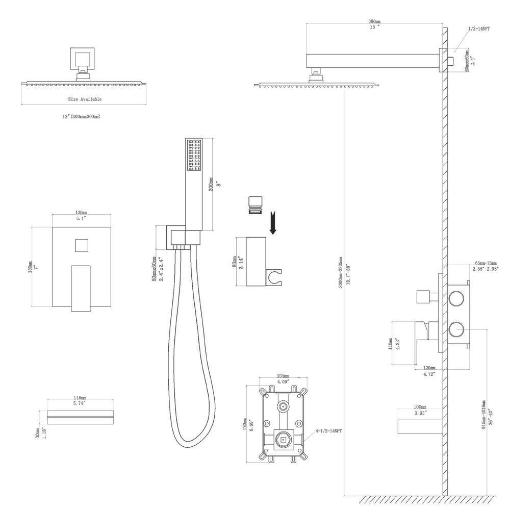 Brushed Nickel Large Square Multi-Head Wall Mounted Shower System