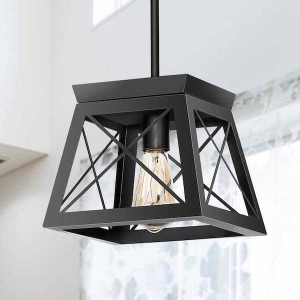 YANSUN 1-Light Matte Black Lantern Metal Pendant Light,Vintage Industrial Farmhouse Basket Chandelier for Bedroom,Kitchen