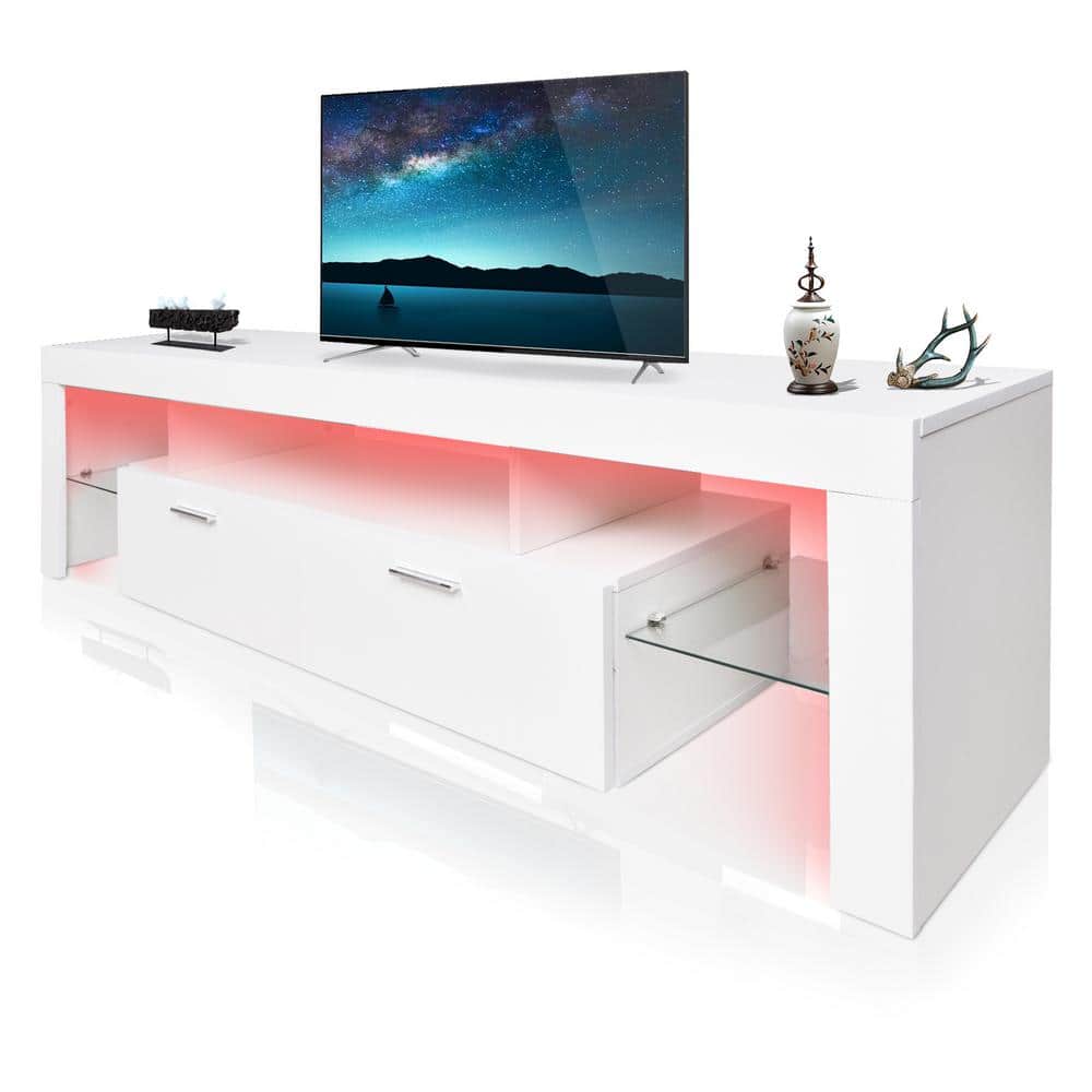 White TV Stand Fits TVs up to 75 in. with LED Lights 63 in. Entertainment 