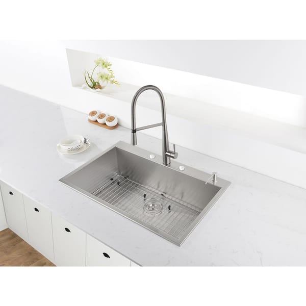 Tirana 33 in. Drop-in Topmount SIngle Bowl 16-Gauge Stainless Steel Stainless Steel Kitchen Sink with four holes
