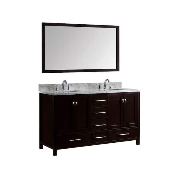 Virtu USA Caroline Avenue 60 in. W Bath Vanity in Espresso with Marble Vanity Top in White with Square Basin and Mirror