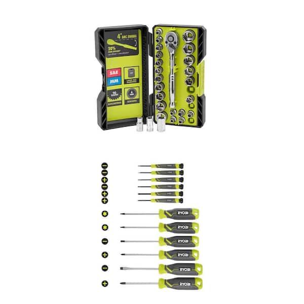 26-Piece 1/4 in. Drive Ratchet and Socket Set and 12-Piece Screwdriver Set with Cushion Grip Handles Combo