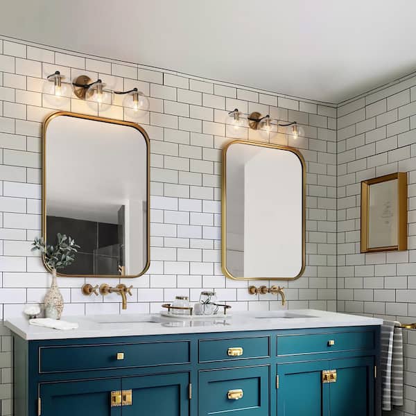 Modern 24.5 in. 3-Light Black Vanity Light, Bronze Gold Wall Sconces with Seeded Glass, Rustic Bathroom Wall Lights