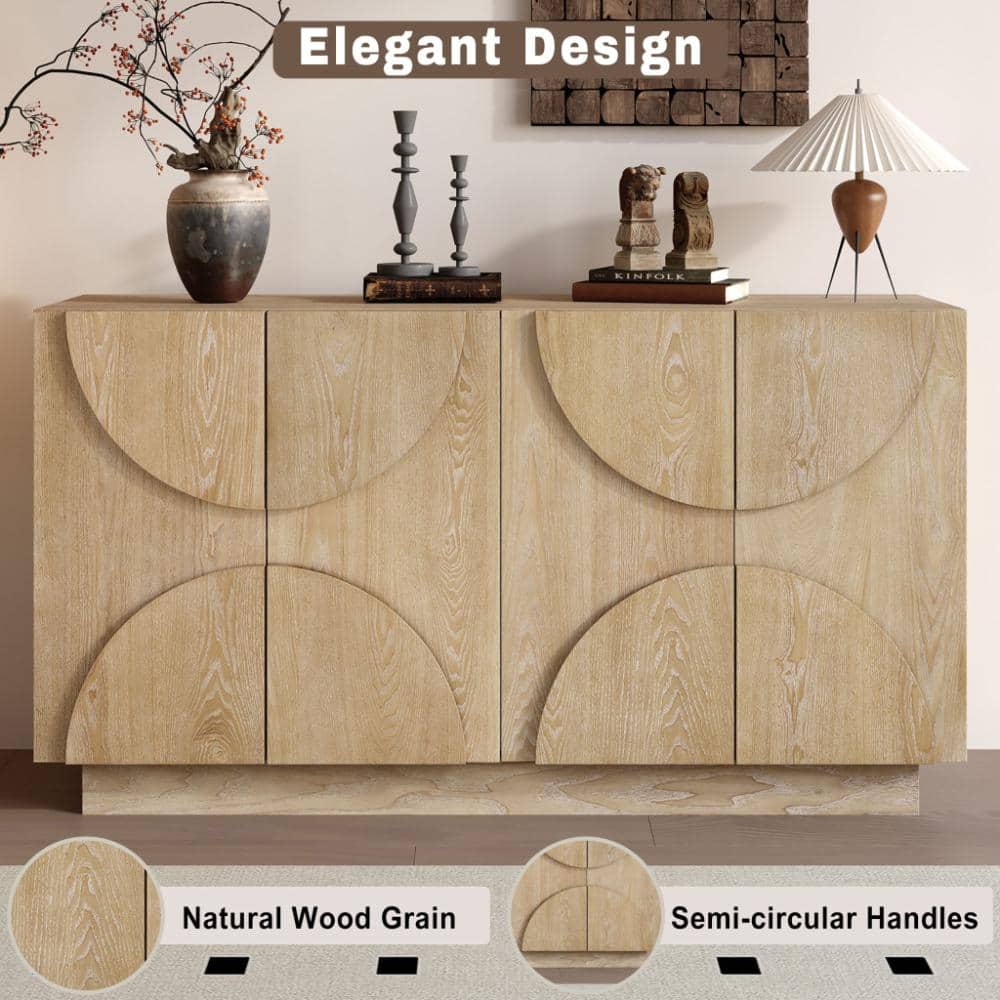 Natural wood sideboard cabinet with semi-circular handles in a styled room.
