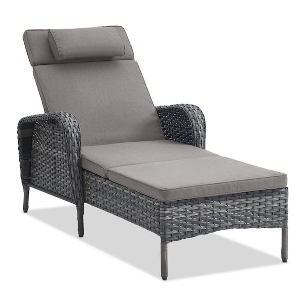 Gray Wicker Outdoor Folding Chaise Lounge Chair Fully Flat for Patio with CushionGuard Gray Seat Back Cushion