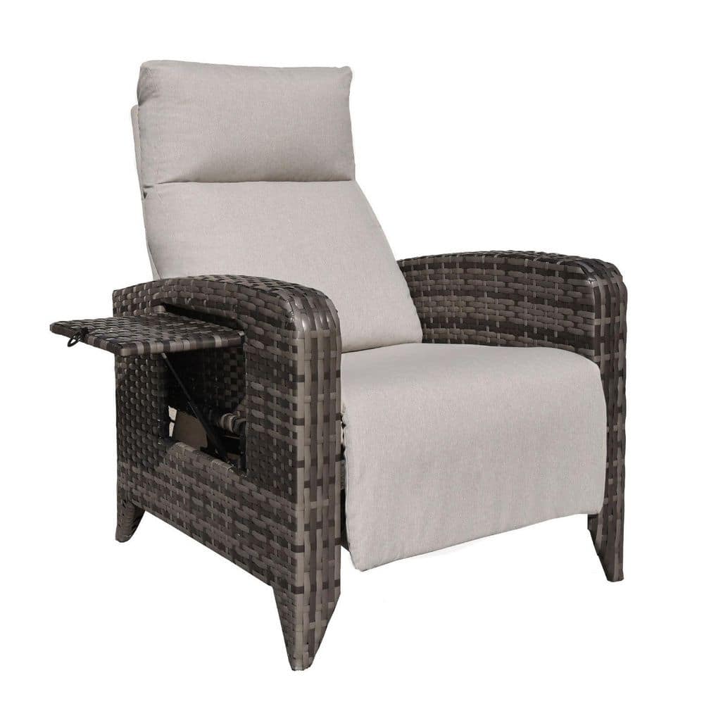1-Piece Wicker Outdoor Chaise Lounge Patio Recliner Chairs with Beige Cushions, Adjustable Back, Footrest, Flip Table