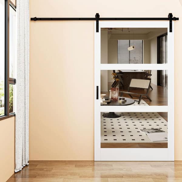 48 in. x 84 in. 3-Lite Mirrored Glass White Finished Solid Core MDF Barn Door Slab with Barn Door Hardware Kit