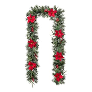 9 ft. L Pre-Lit Greenery Pine Poinsettia and Red Berries Christmas Garland, with 70 Warm White Lights and Timer