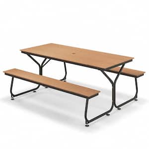72 in. Brown Rectangle Plastic Picnic Table Bench Set HDPE Heavy-Duty Table for 6-8 Person Total Load Capacity 2,200 lb.