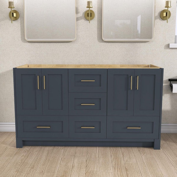 Bvio 60 in. W x 21.5 in. D x 33.5 in. H Bath Vanity Cabinet without Top Solid Wood Double Vanity in Navy Blue Assembled