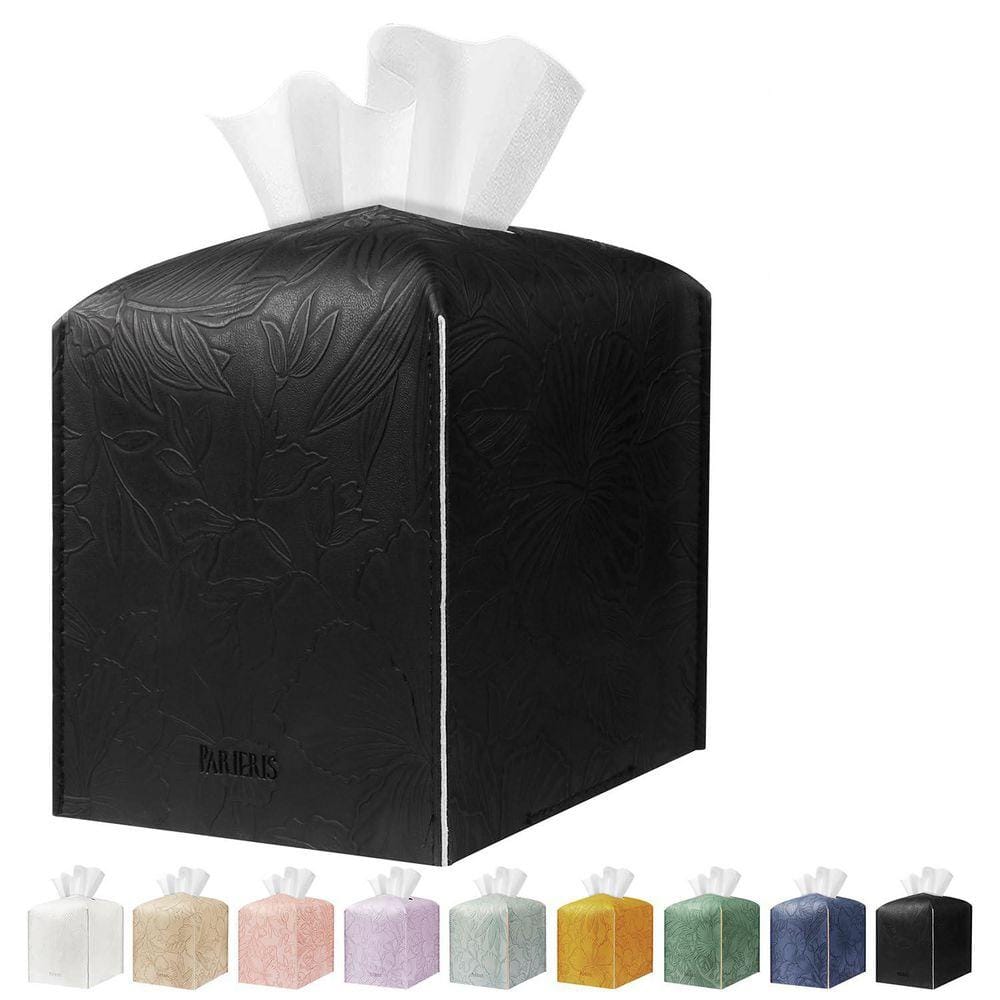 Square PU Leather Tissue Box Holder Black Velcro Secure for