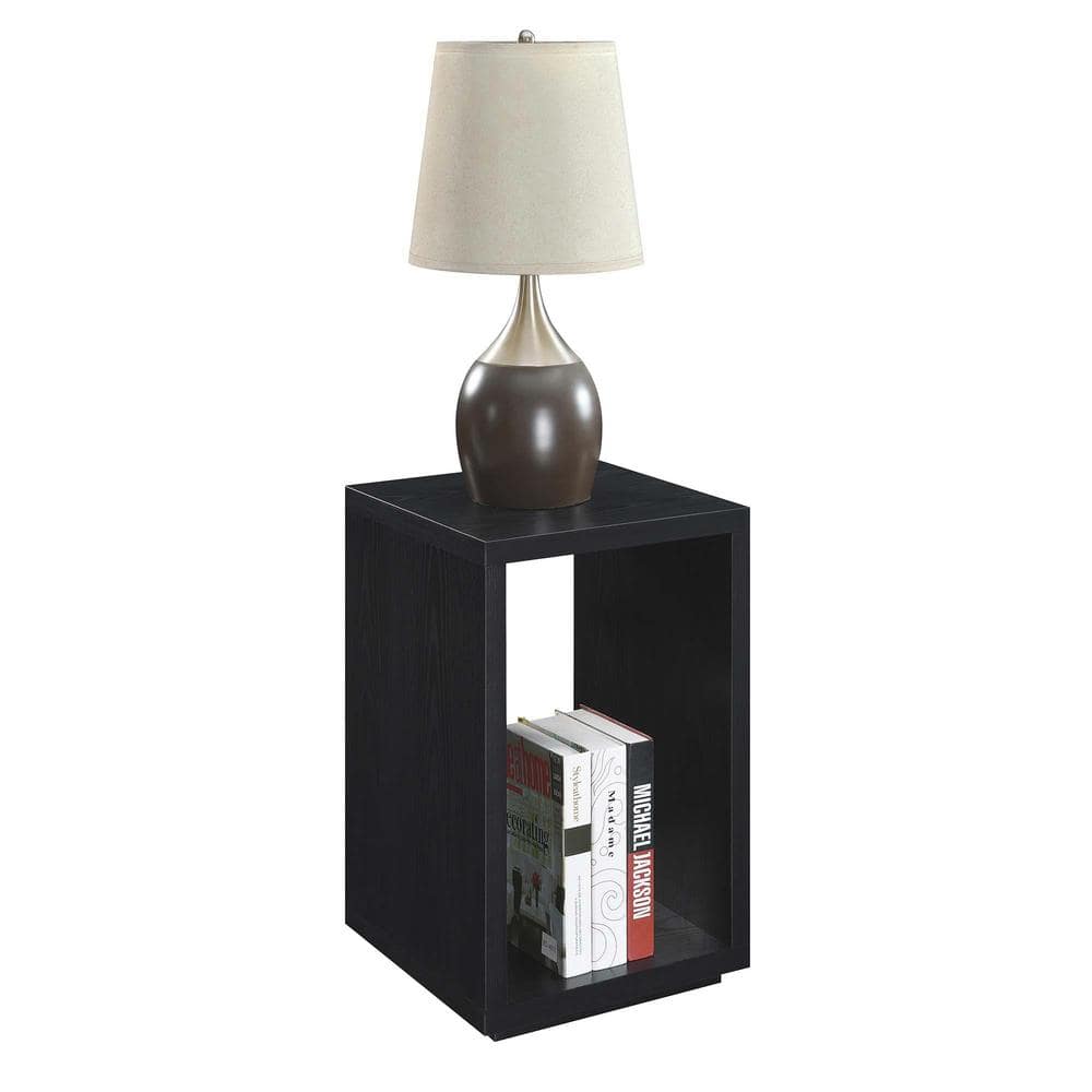 Modern Black Wood & Stone Rectangular End Table with Shelf