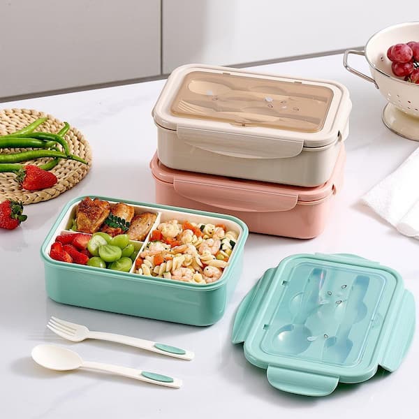3-Pack 1100 ML Microwave-Safe Bento Boxes for Adults or Kids with Spoon and Fork for Dining Out, Work, Picnic