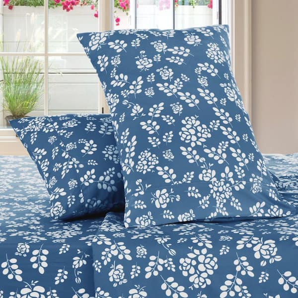 Lux Decor 3-Piece Microfiber Sheet Set Floral Bed Sheet with Deep Pocket Fitted Sheet and Pillowcase-Twin Navy
