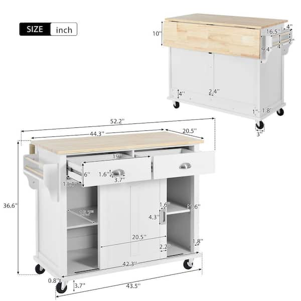 White Foldable Rubber Wood Drop-Leaf Countertop 53.1 in. W Kitchen Island  on Wheels with Storage Cabinet EC-WF298028AAW - The Home Depot