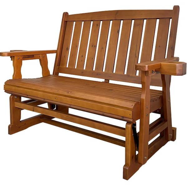 59.1 in. 2-Person Teak Tone Wood Outdoor Glider with Cup Holders, Heavy Duty 800 lbs.
