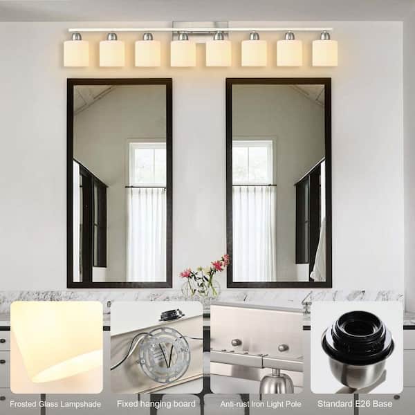 52 in. 8 Light Brushed Nickel Bathroom Vanity Light Over Mirror, Wall Sconce with White Glass Shades for Dressing Room
