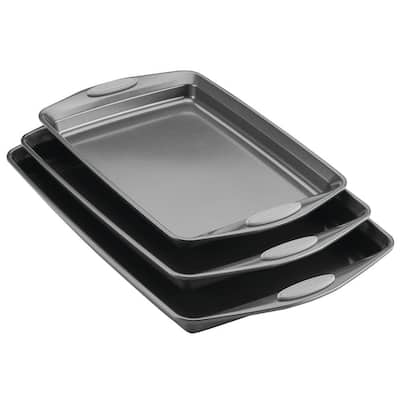 3-Piece Gray Bakeware Nonstick Cookie Pan Set with Sea Salt Gray Silicone Grips