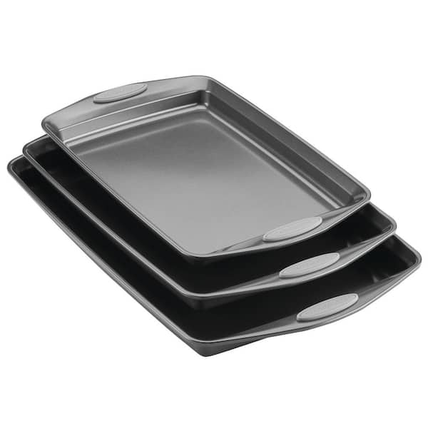 Rachael Ray 3-Piece Gray Bakeware Nonstick Cookie Pan Set with Sea Salt Gray Silicone Grips