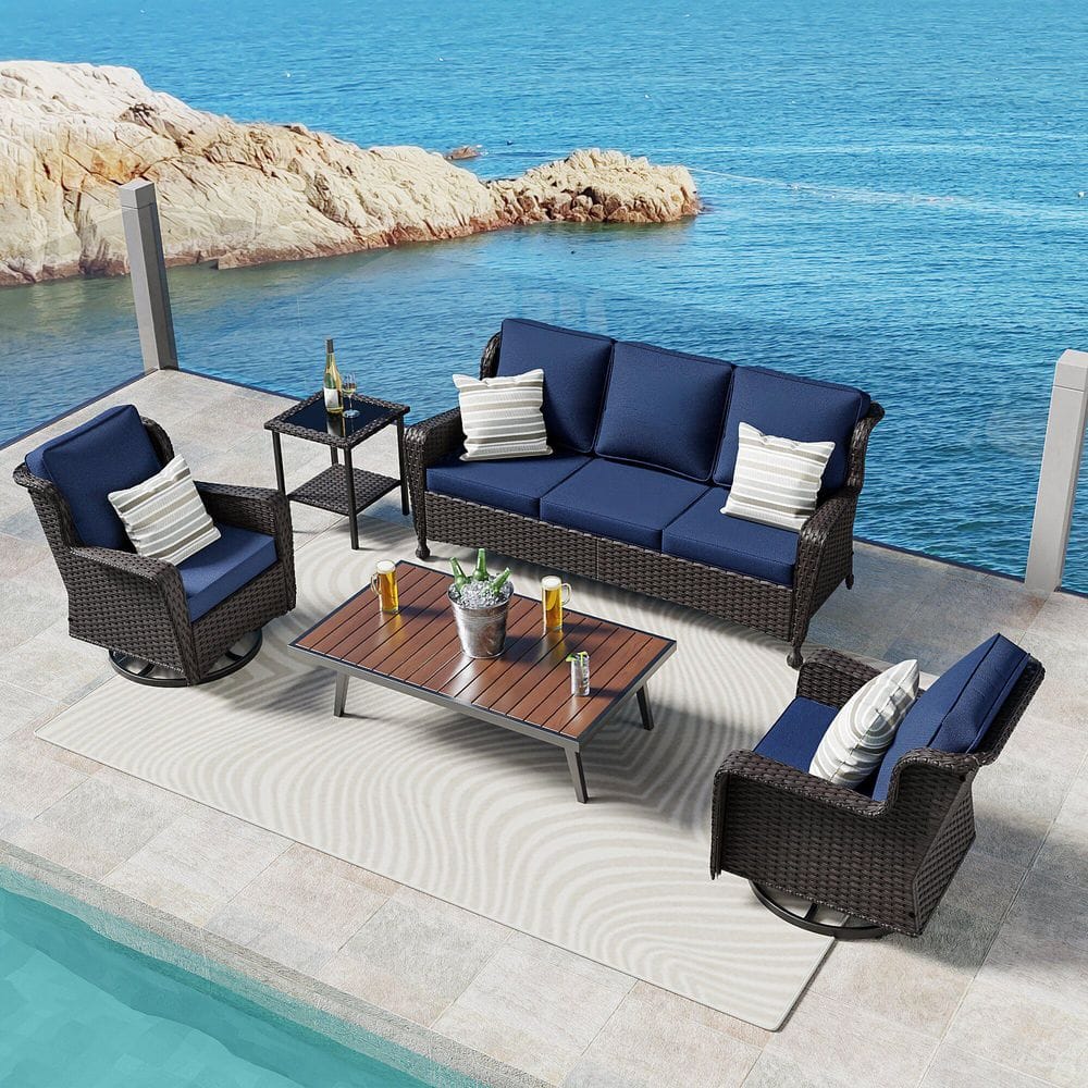4-Piece Wicker Outdoor Patio Conversation Set Swivel Rocking Chairs with Blue Cushions price history on PriceWatchPro