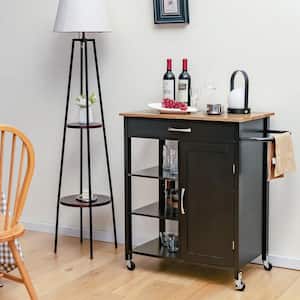 34.5 in. Black Wood Kitchen Cart Island with Rubber Wood Top
