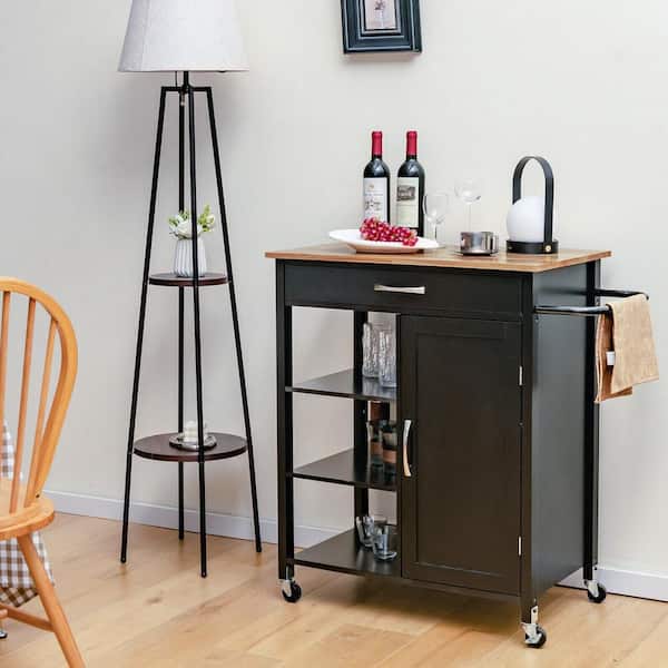 ANGELES HOME 34.5 in. Black Wood Kitchen Cart Island with Rubber Wood Top