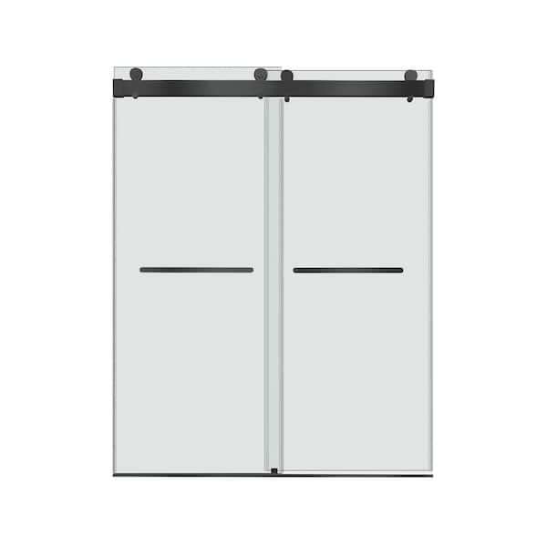 WELLFOR 76 in. W x 76 in. H Sliding Frameless Shower Door in Matte Black with Soft-Closing 3/8 in. Clear Glass