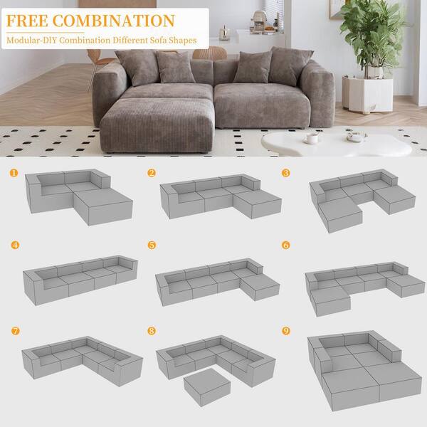 J&E Home 102.3 in Wide Square Arm Corduroy Modular Sofa with