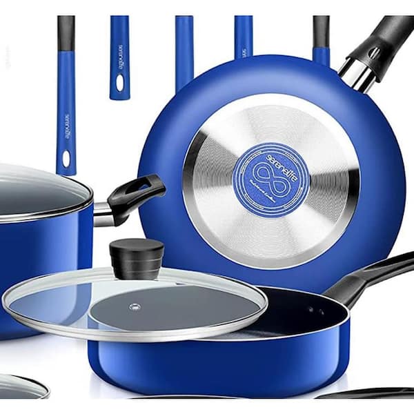 Serenelife 6-Piece Set Black Non-Stick Coating Inside Pots and Pans Basic Kitchen Cookware, Blue