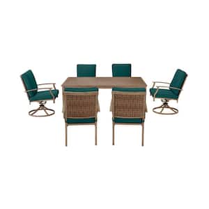 Geneva 7-Piece Brown Wicker Outdoor Patio Dining Set with CushionGuard Malachite Green Cushions