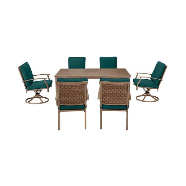 Hampton Bay Geneva 7-Piece Brown Wicker Outdoor Patio Dining Set with CushionGuard Malachite Green Cushions