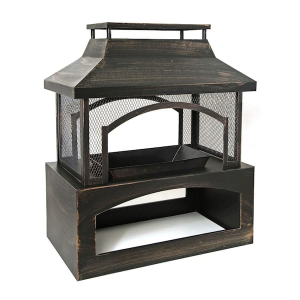 37 in. Rectangular Metal Outdoor Wood Burning Fireplace, Outdoor Fireplace with Built-in Log Storage and Poker