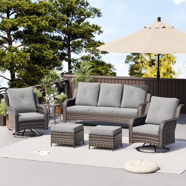 Poteban Dark Gray (PE) Rattan Metal Frame 6-Piece Outdoor Conversation Set with Gray Cushions