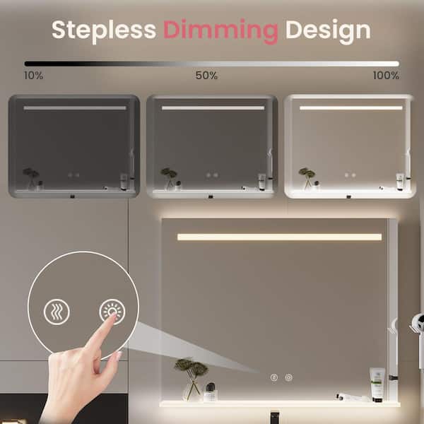 28 in. H x 36 in. W LED Rectangular Frameless Wall Bathroom Vanity Mirror with Anti-Fog, Dimmable, Acrylic Storage Shelf