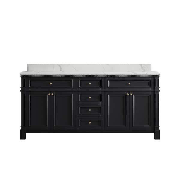 Willow Collections Paris 72 in. W x 22 in. D x 36 in. H Double Sink Bath Vanity in Black with 1.5 in. Calacatta Laza qt. Top
